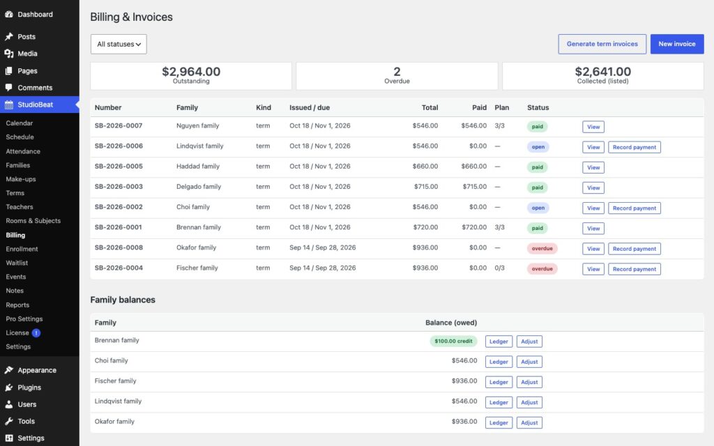 StudioBeat, Billing (Pro): term invoices with payment plans, late fees, payments and family balances.