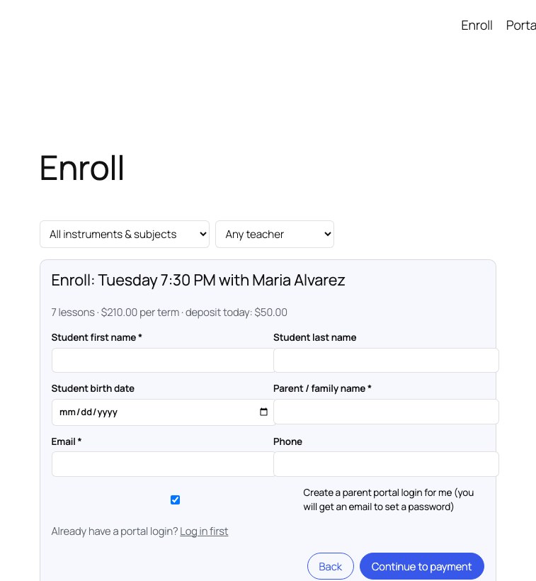StudioBeat, Online enrollment (Pro): open weekly times by instrument and teacher, a short form and the deposit checkout.
