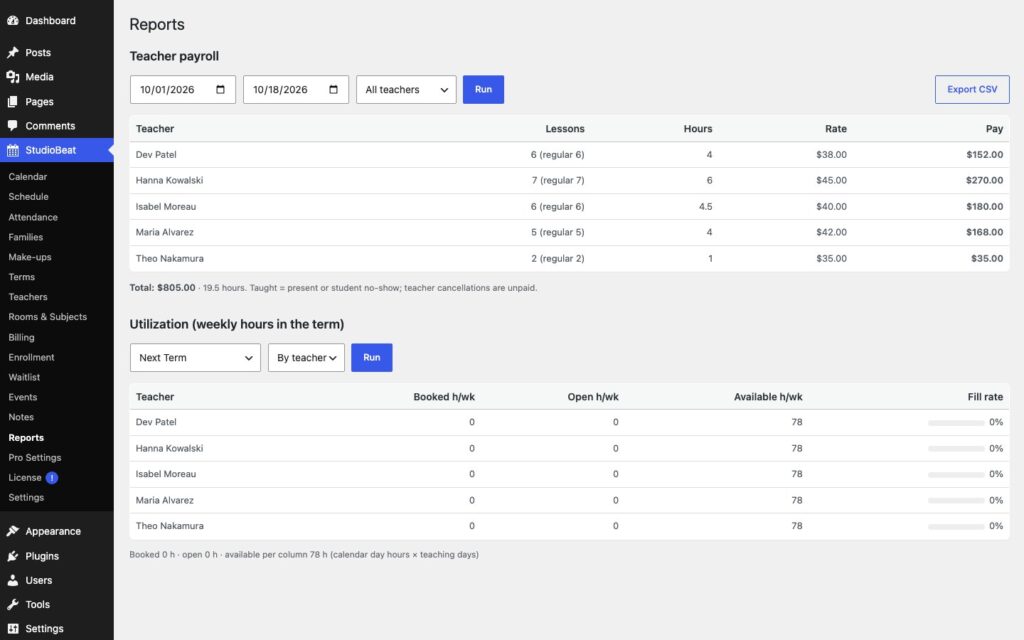 StudioBeat, Reports (Pro): teacher payroll from lessons taught and utilization per teacher.
