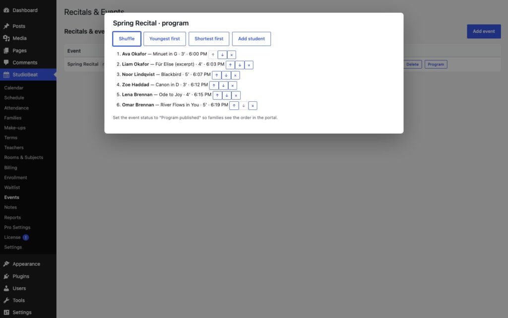 StudioBeat, Recital program (Pro): sign-ups with a performance order, shuffled or sorted, published to families.