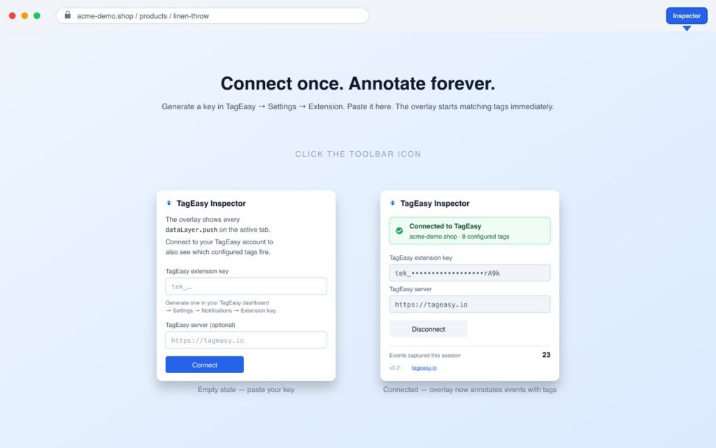 TagEasy Inspector, The popup: connect the extension to a TagEasy account.