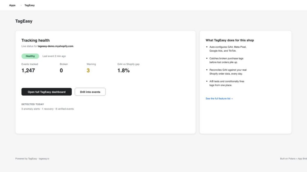 TagEasy for Shopify, Home: setup checklist, tracking health and plan usage inside the Shopify admin.