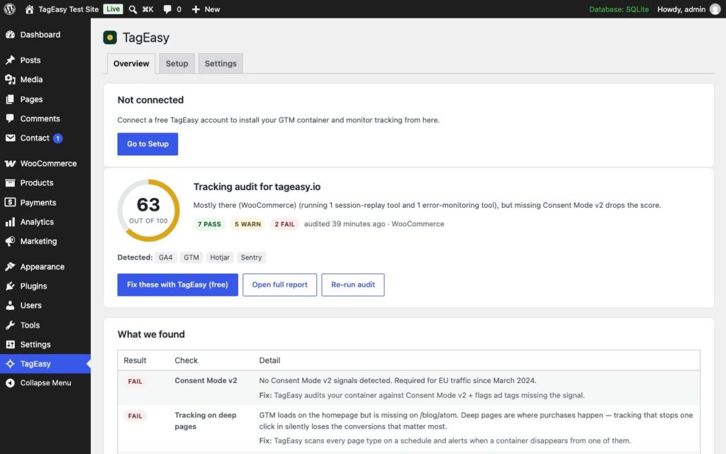 TagEasy for WordPress, Overview with the free audit: score, pass/warn/fail counts, detected vendors and every check with its fix.