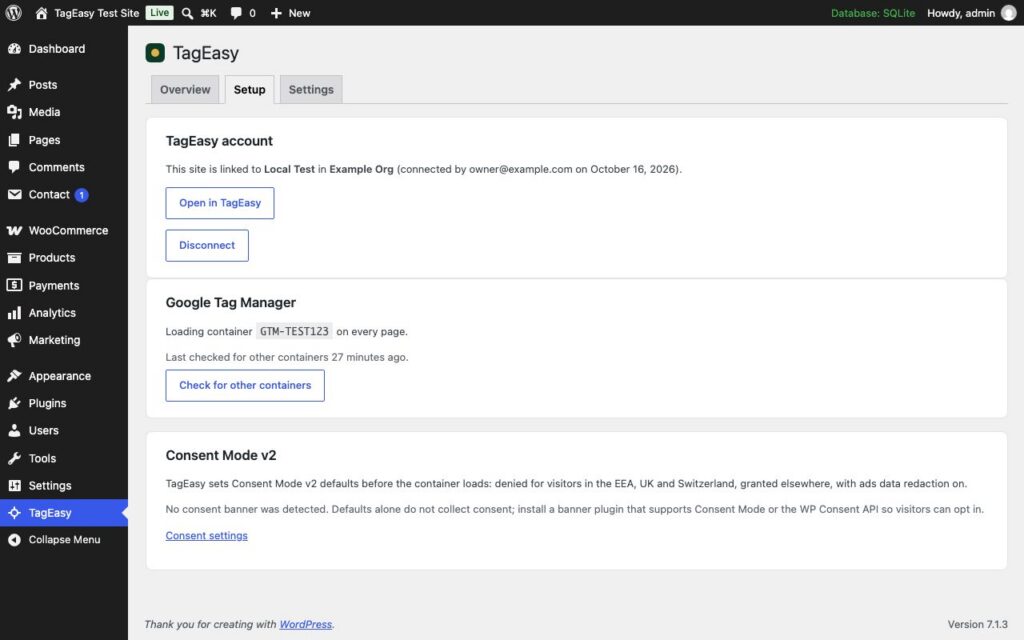 TagEasy for WordPress, Setup tab: account connection, Google Tag Manager status with conflict detection, Consent Mode status.