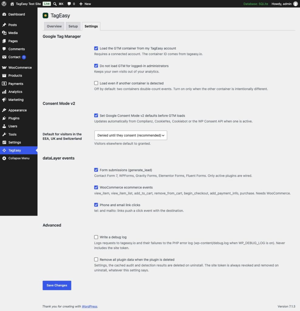 TagEasy for WordPress, Settings: GTM, Consent Mode v2, dataLayer events, advanced.