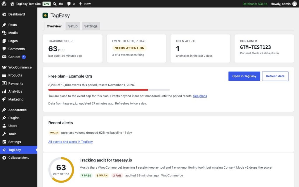TagEasy for WordPress, Connected Overview: tracking score, event health, alerts, container, plan usage.