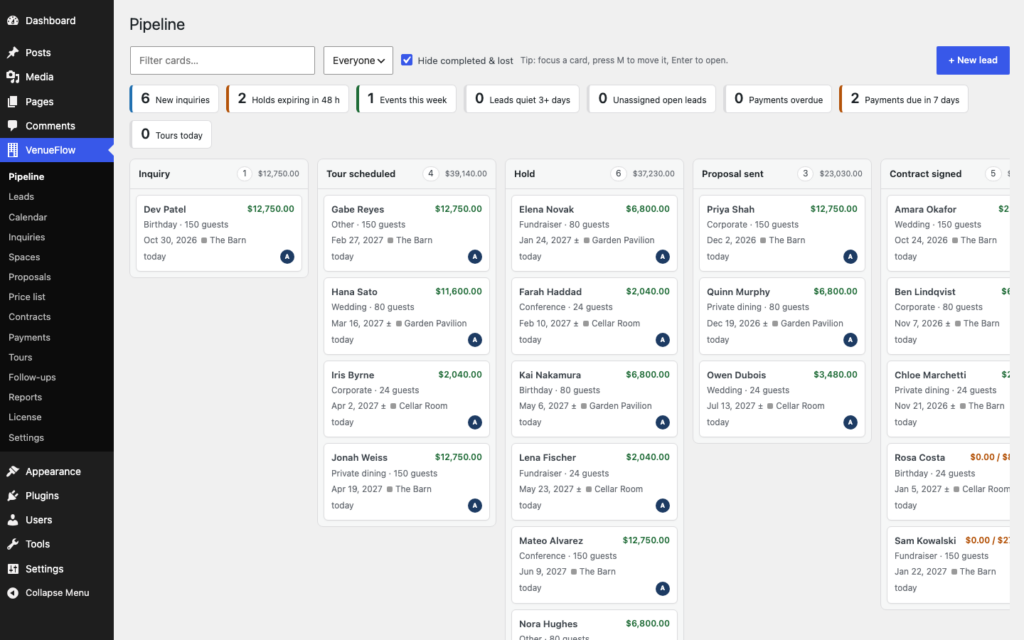 VenueFlow, The pipeline board with today's priorities on top. Drag cards between stages.