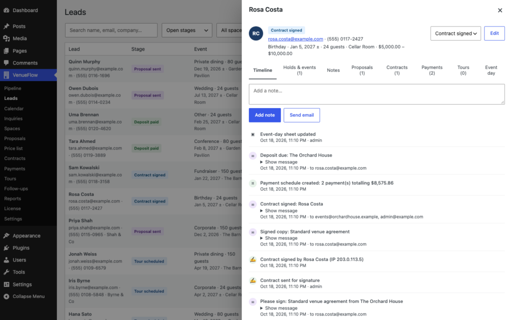 VenueFlow, Every lead has a timeline: notes, emails, holds, proposals, contracts and payments.