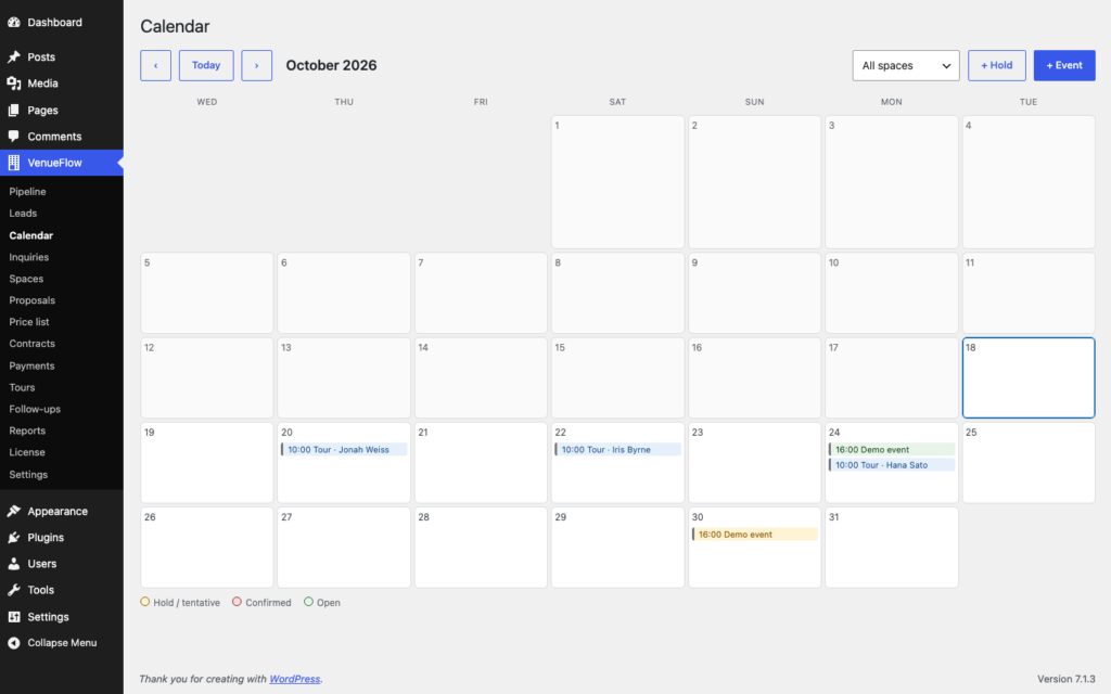 VenueFlow, Holds, events and tours on one calendar, per space, with buffers respected.