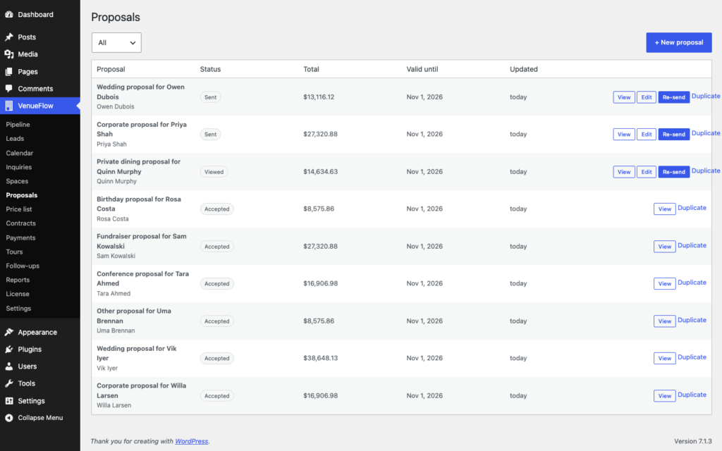VenueFlow, Proposals at a glance (Pro), with send, re-send and duplicate.