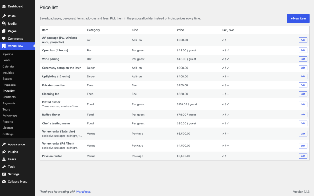 VenueFlow, The price list (Pro): packages, per-guest menus, add-ons and fees, ready to drop into proposals.