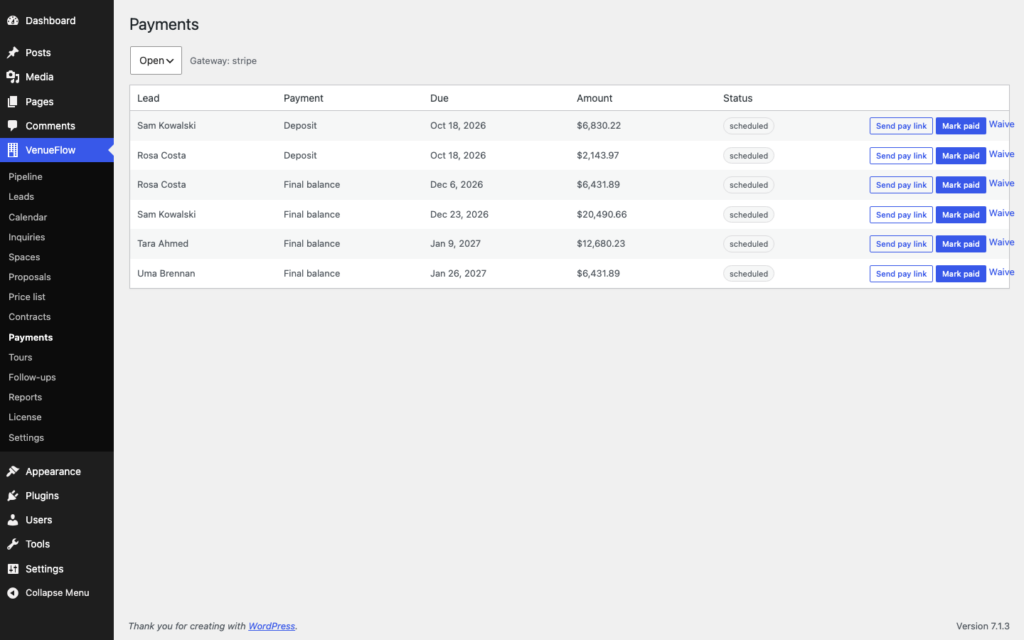 VenueFlow, Payments (Pro): deposits, installments and balances with reminders and one-click pay links.