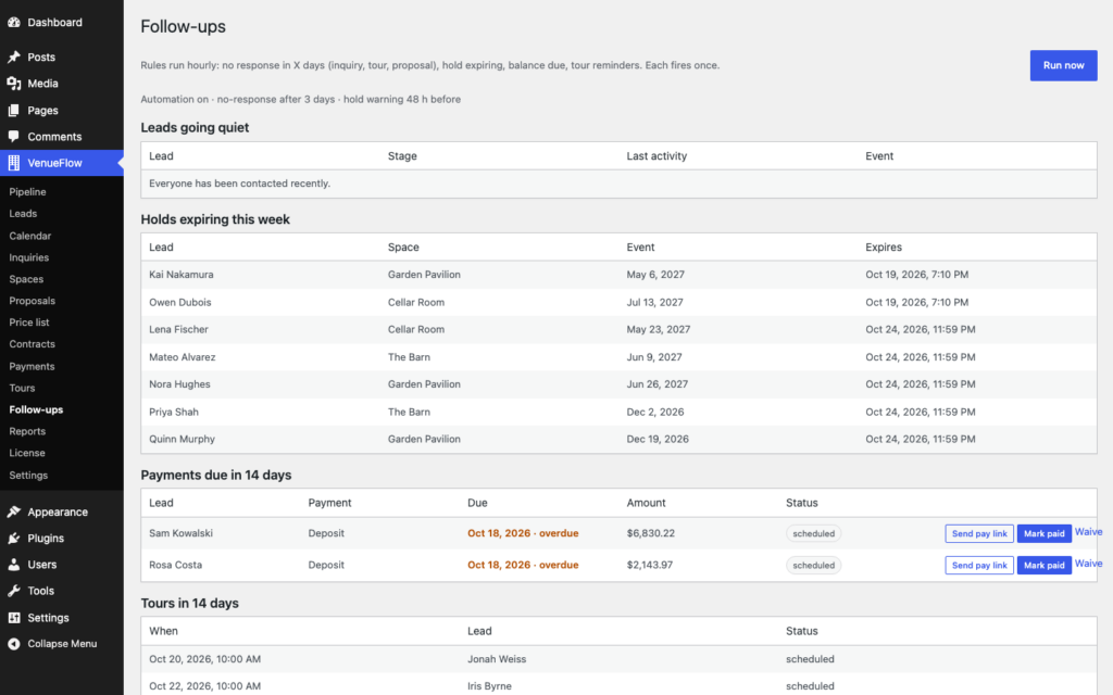 VenueFlow, Follow-ups (Pro): what needs a nudge today, and the rules that send it automatically.