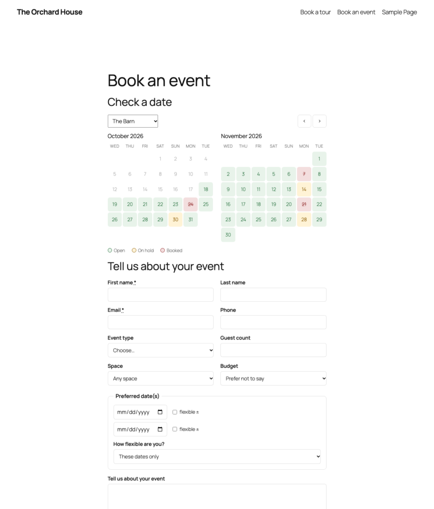 VenueFlow, The public availability calendar and inquiry form on your own site.