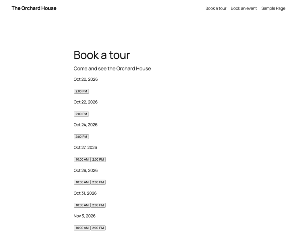 VenueFlow, Book a Tour (Pro): prospects pick an open slot and the lead is created for you.
