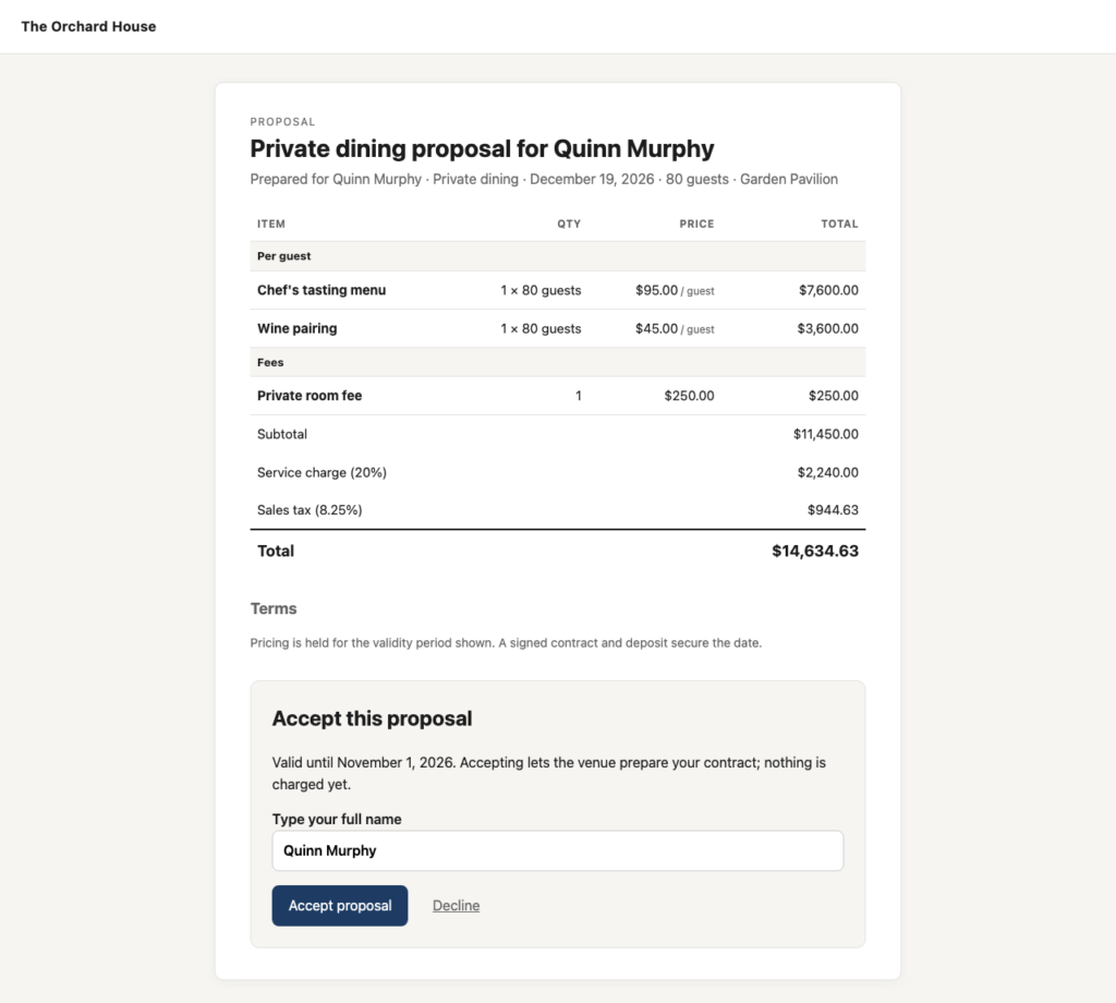 VenueFlow, The proposal your client sees (Pro), with an Accept button.