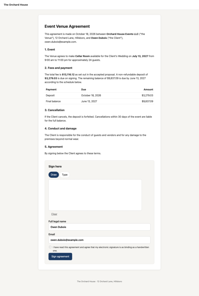 VenueFlow, Signing a contract (Pro) on any device: draw or type, with consent and audit trail.