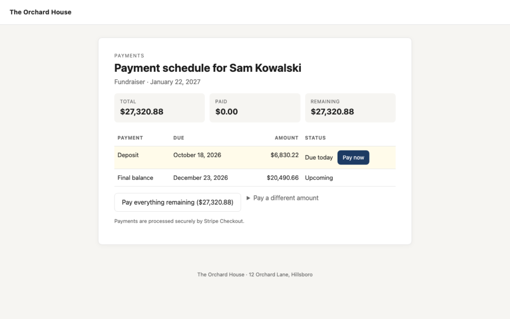 VenueFlow, The payment page (Pro): pay the next amount, everything remaining, or a partial amount.