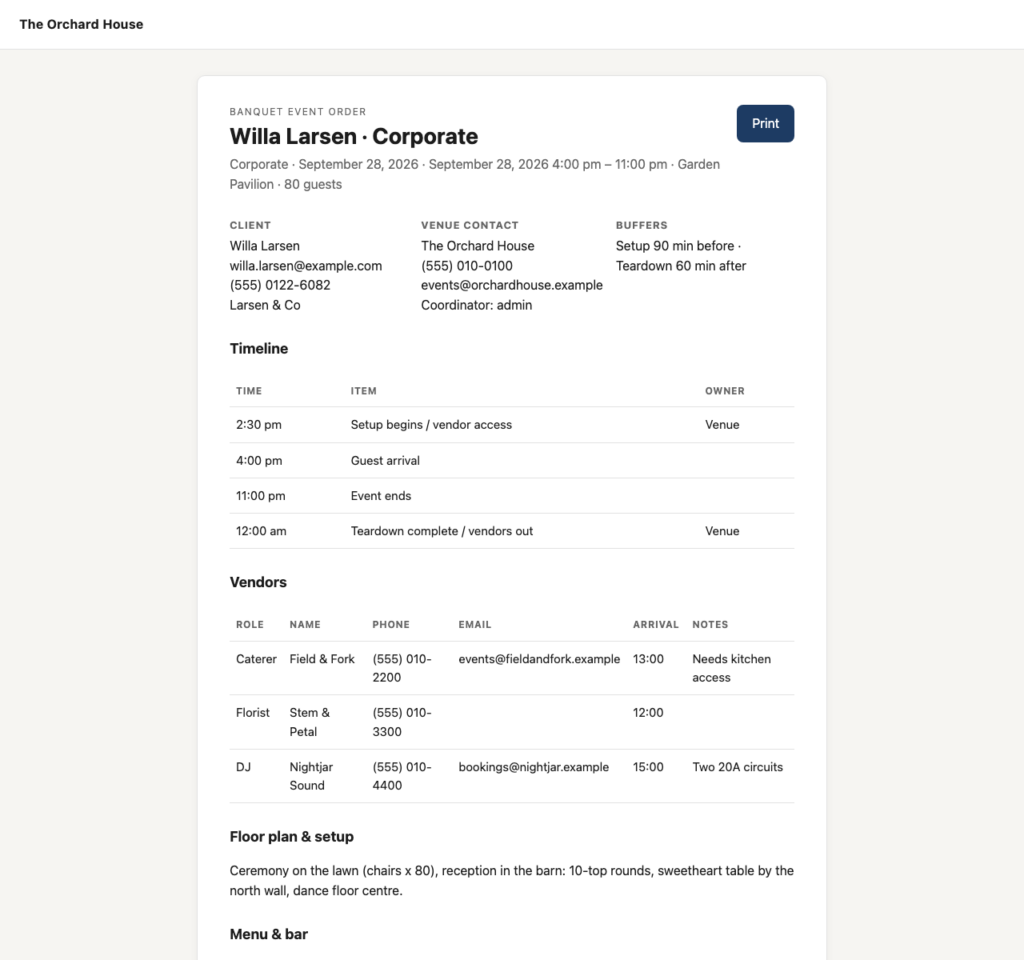 VenueFlow, The printable event-day sheet (Pro) for the team on the day.